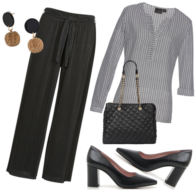 Outfit donna - Urban #8221. Stile Urban per Ufficio. Abbinamento con tuniche, orecchini, shopping bag, pantaloni, décolleté.