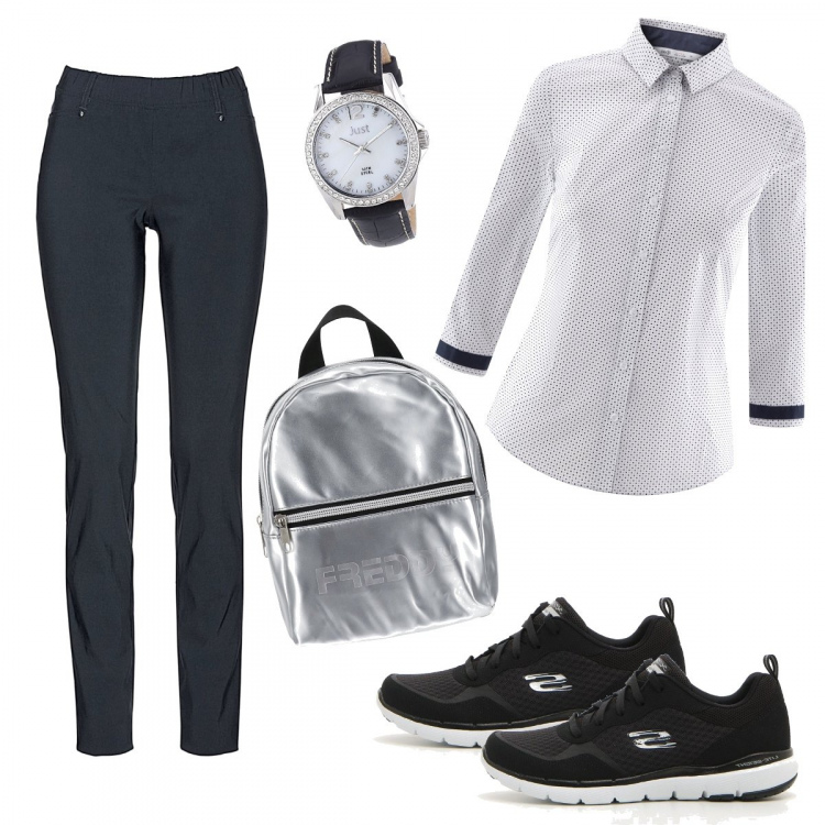 Outfit donna - Urban #8222. Stile Urban per Ufficio. Abbinamento con pantaloni, zaini, camicie, sneakers, orologi.