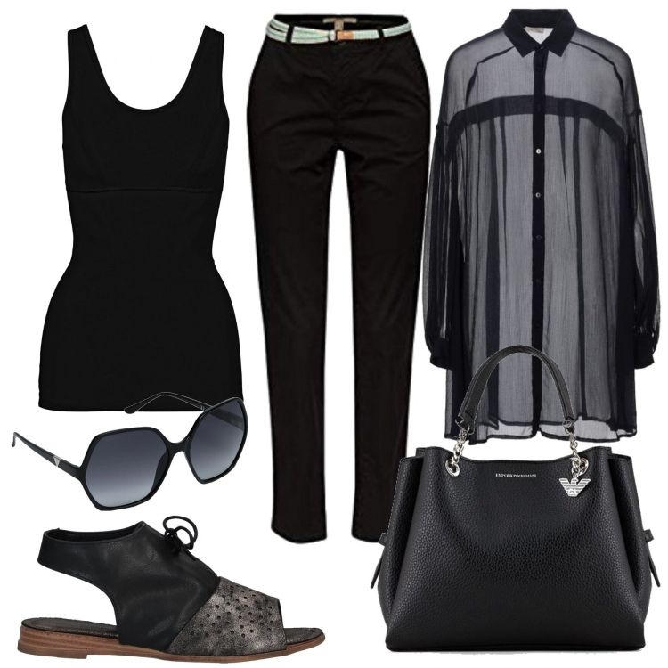 Outfit donna - Total black look. Stile Basic per Ufficio. Abbinamento con top, sandali, camicie, occhiali da sole, shopping bag, pantaloni chino.