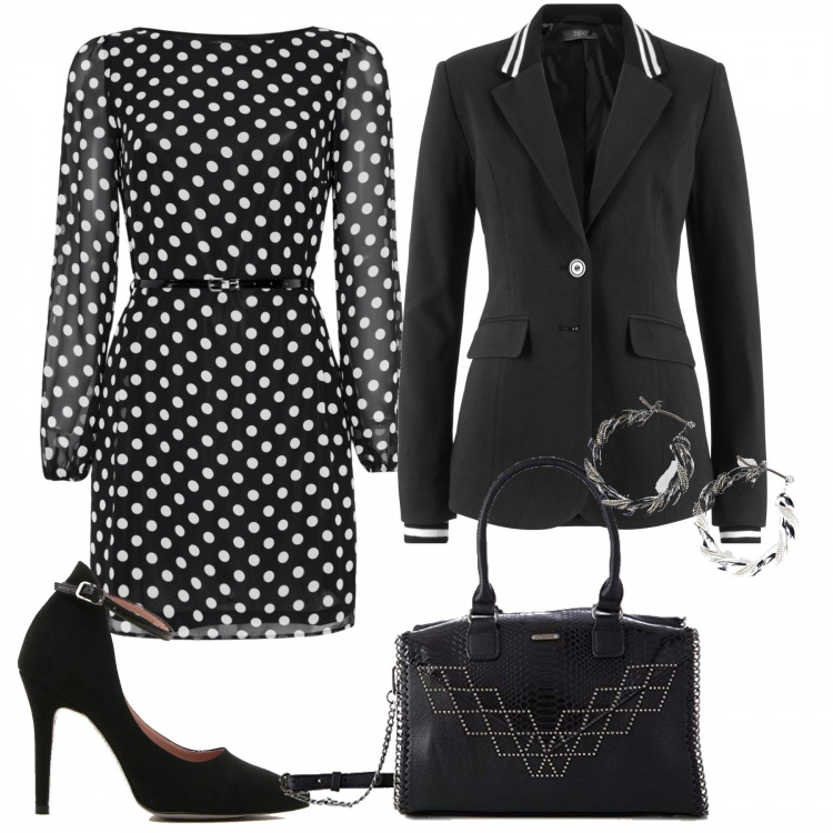 Outfit donna - Monday black and white. Stile Chic per Ufficio. Abbinamento con blazer, orecchini, vestiti corti, décolleté, borse a mano.
