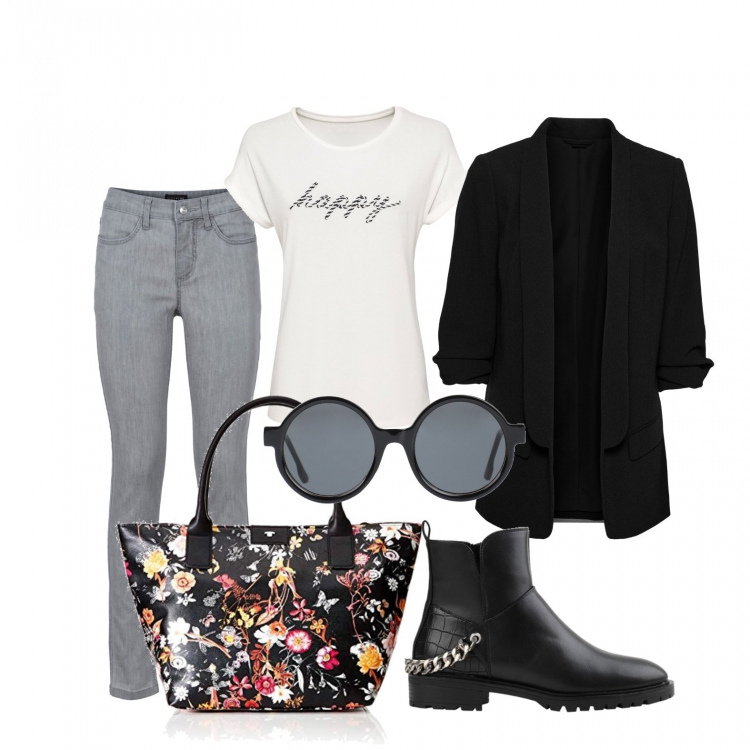 Outfit donna - Il blazer con la t-shirt. Stile Basic per Tutti i giorni. Abbinamento con blazer, jeans skinny, pullovers, stivaletti, occhiali da sole, borse a mano.