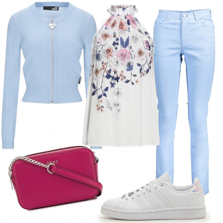 Outfit donna - Trendy #24888. Stile Trendy per Tutti i giorni. Abbinamento con top, cardigans, borse a tracolla, jeans, sneakers.