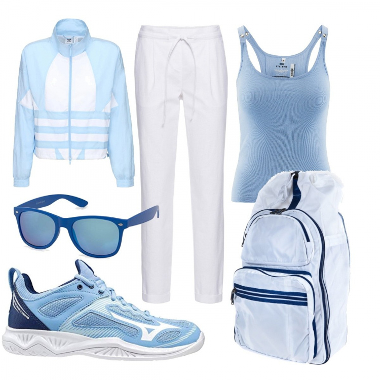 Outfit donna - Basta dad tutti all\'università. Stile Basic per Scuola/Università. Abbinamento con pantaloni, canottiere, blazer, sneakers, zaini, occhiali da sole.