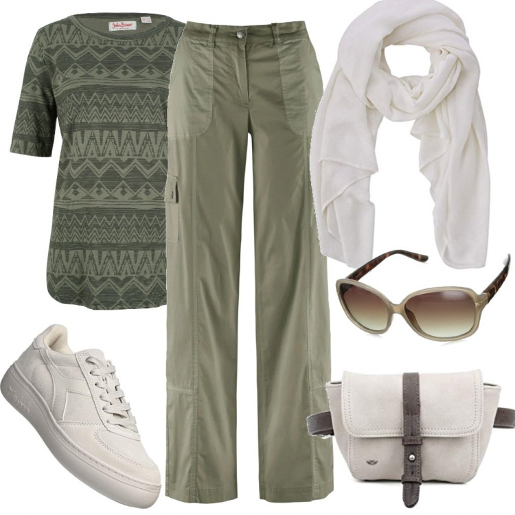 Outfit donna - Comfort anche in Vacanza. Stile Basic per Tutti i giorni. Abbinamento con pantaloni cargo, t-shirt, sneakers, borse a tracolla, occhiali da sole, sciarpe.