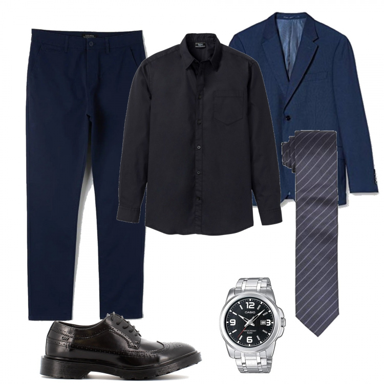 Outfit uomo - Business /Low Cost. Stile Business/Elegante per Tutti i giorni. Abbinamento con camicie, pantaloni, scarpe stringate, abiti, orologi analogici, cravatte.
