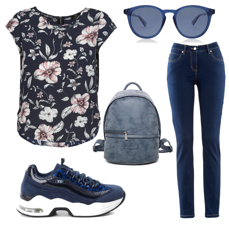 Outfit donna - Blu Boho Street. Stile Urban per Tutti i giorni. Abbinamento con jeans dritti, camicie, sneakers, occhiali da sole, zaini.