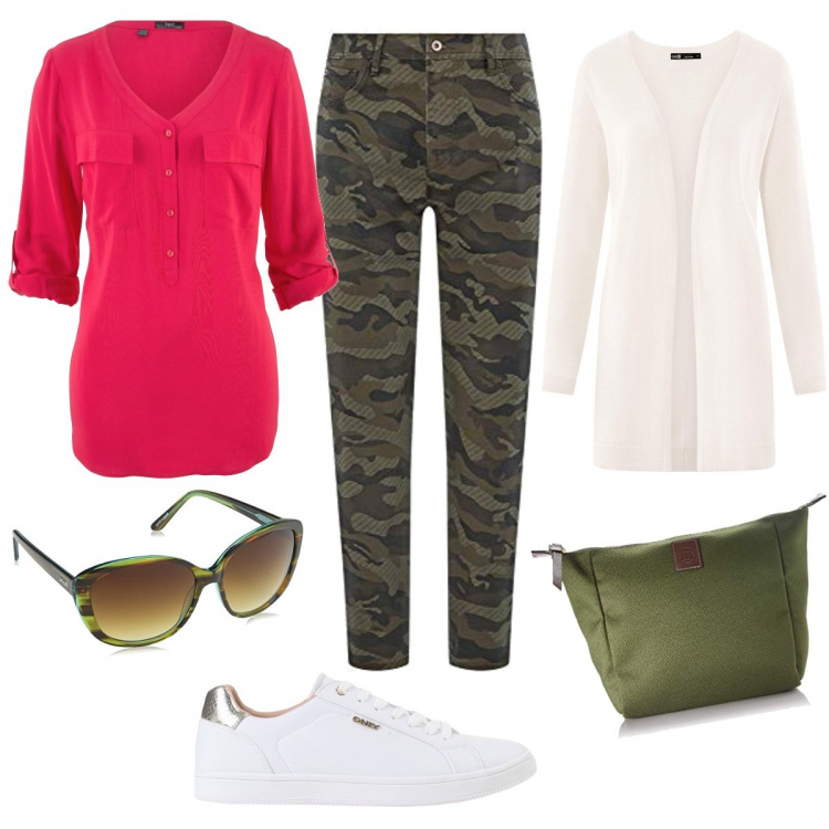 Outfit donna - Primavera in mimetica. Stile Urban per Tutti i giorni. Abbinamento con bluse, sneakers, jeans mom, cardigans, borse tote, occhiali da sole.