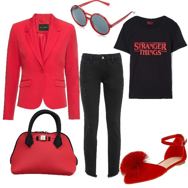 Outfit donna - Soft rock. Stile Trendy per Tutti i giorni. Abbinamento con jeans skinny, blazer, borse a mano, t-shirt, ballerine, occhiali da sole.
