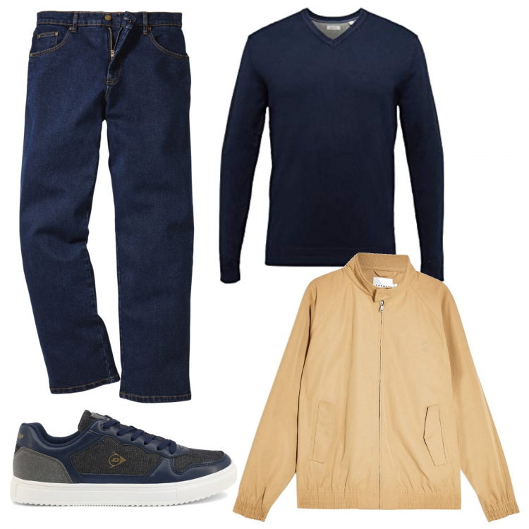 Outfit uomo - Giubbino cammello. Stile Casual per Tutti i giorni. Abbinamento con jeans dritti, cappotti, maglioni, sneakers.