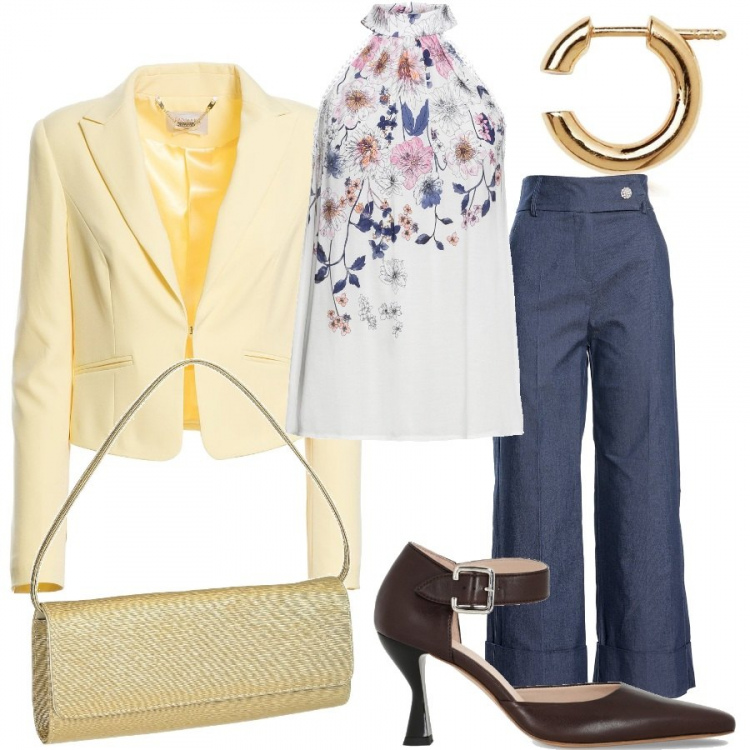 Outfit donna - Il giallo predominante. Stile Bon Ton per Ufficio. Abbinamento con top, pantaloni capri, blazer, pochette, décolleté, orecchini.