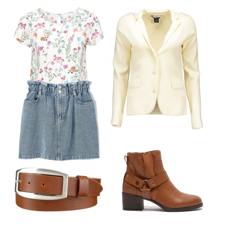 Outfit donna - Aria di primavera. Stile Trendy per Ufficio. Abbinamento con bluse, minigonne, stivali, blazer, cinture.
