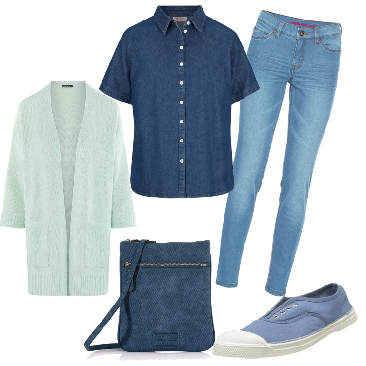 Outfit donna - 311- tutto denim. Stile Urban per Tutti i giorni. Abbinamento con jeans skinny, camicie, cardigans, sneakers, borse a tracolla.