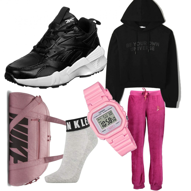 Outfit donna - Chiamami con il nome di rosa. per Sport. Abbinamento con felpe con cappuccio, pantaloni, sneakers, calzini, borse sportive, orologi digitali.