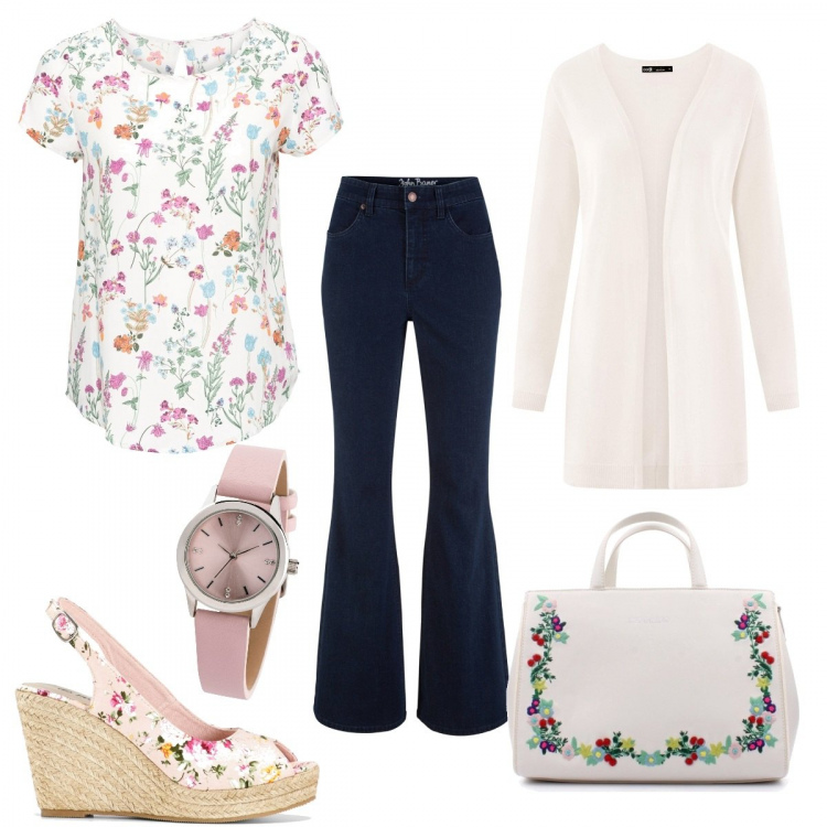 Outfit donna - Con l\'amica del cuore in basic. Stile Basic per Tutti i giorni. Abbinamento con bluse, décolleté, jeans a zampa, orologi, borse a mano, cardigans.