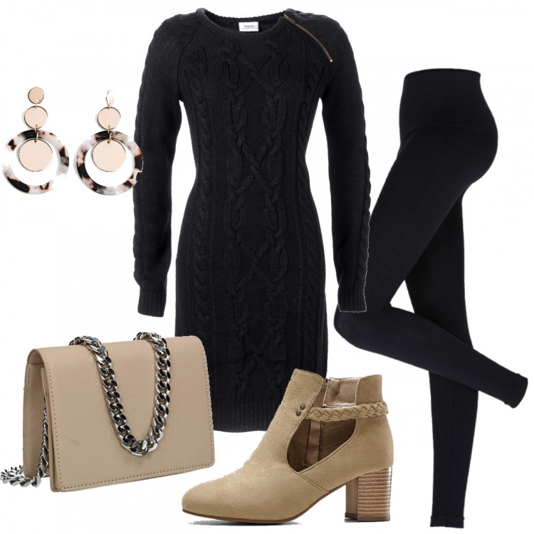 Outfit donna - Trendy #25359. Stile Trendy per Tutti i giorni. Abbinamento con leggings, vestiti, stivaletti, orecchini, borse a tracolla.