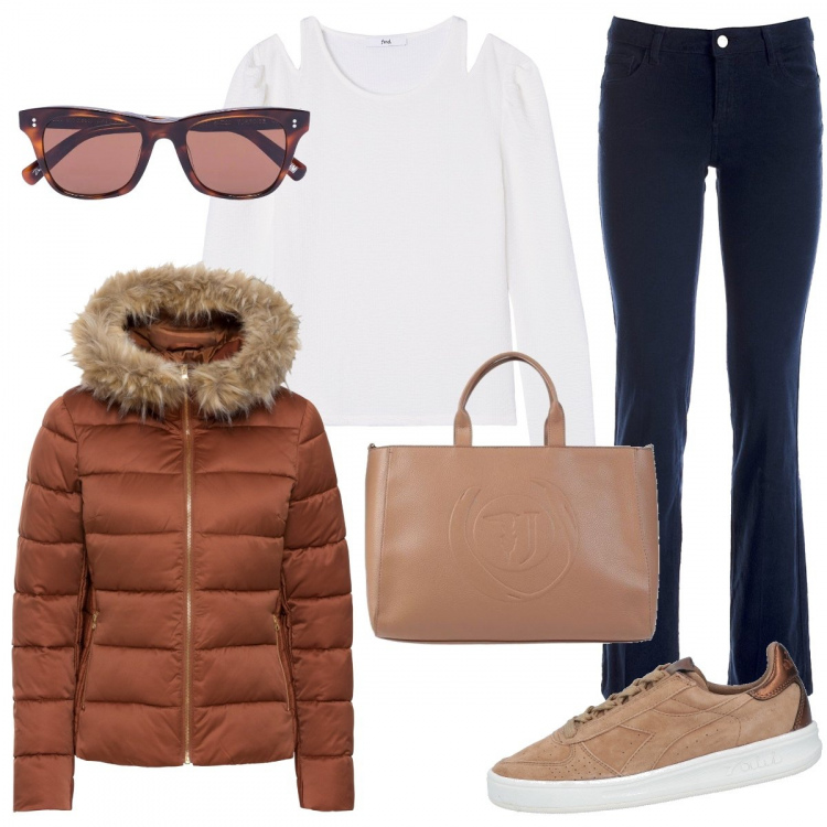 Outfit donna - Borsa a mano e occhiali. Stile Basic per Tutti i giorni. Abbinamento con giacche, sneakers, borse a mano, pantaloni, occhiali da sole, pullovers.