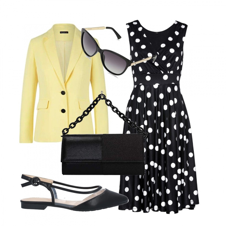 Outfit donna - Curvy bon ton. Stile Bon Ton per Cerimonia. Abbinamento con vestiti, ballerine, blazer, pochette, occhiali da sole.