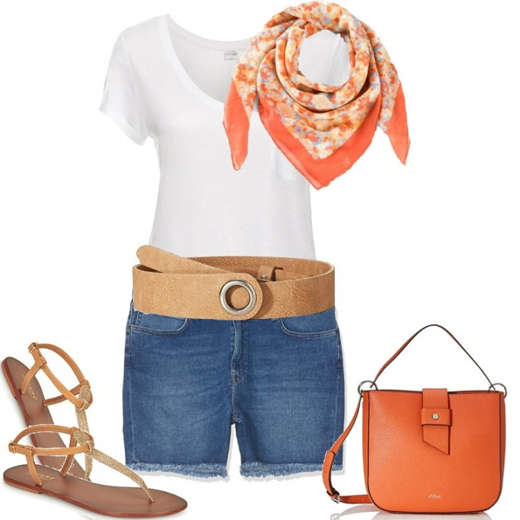 Outfit donna - Relax a casa ♡. Stile Basic per Tutti i giorni. look ideale per Petite. Abbinamento con t-shirt, foulard, sandali, pantaloni corti, cinture, borse a spalla.