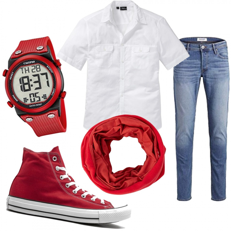 Outfit uomo - Casual #9623. Stile Casual per Tutti i giorni. Abbinamento con camicie a manica corta, sneakers alte, sciarpe, jeans slim fit, orologi digitali.