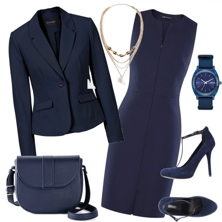 Outfit donna - Lavoro in ufficio notarile. Stile Chic per Ufficio. Abbinamento con blazer, gonne longuette, ciondoli, décolleté, vestiti midi/longuette, orologi digitali.