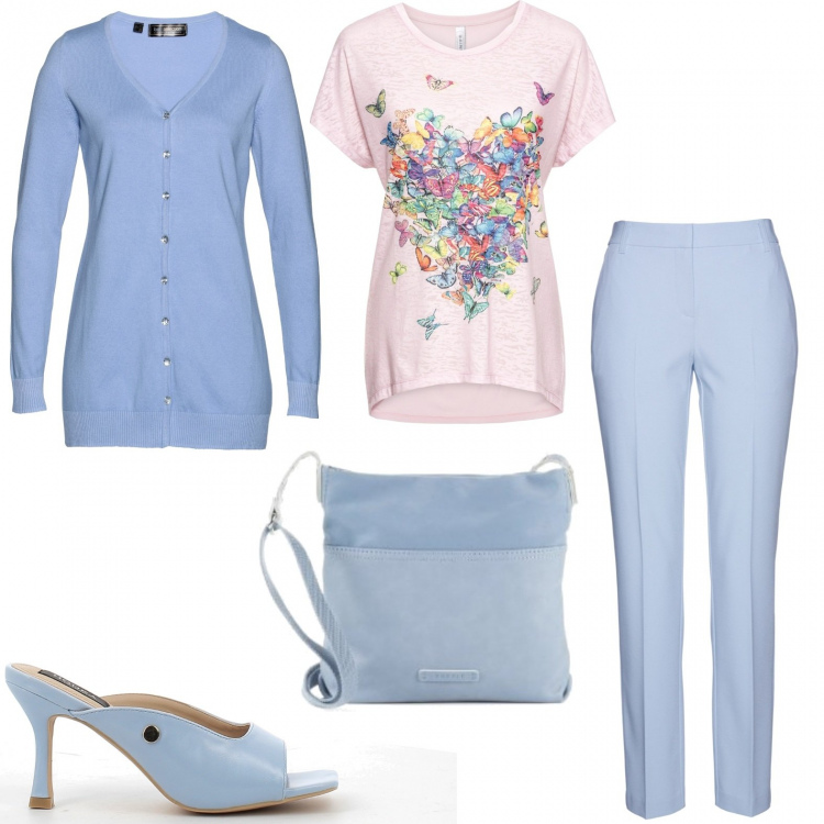 Outfit donna - Primavera a strati per l\'ufficio. Stile Chic per Ufficio. Abbinamento con maglieria, pantaloni, cardigans, sandali in pelle, borse a tracolla.