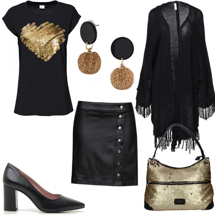 Outfit donna - Con la gonna ed il cardigan a frange. Stile Urban per Serata fuori. Abbinamento con maglieria, orecchini, gonne, cappe, borse a spalla, décolleté.