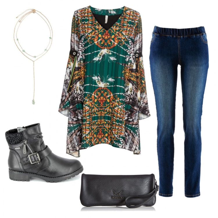 Outfit donna - Un po\' di etnico. Stile Etnico per Tutti i giorni. Abbinamento con treggings, vestiti, collane, stivali, clutch.