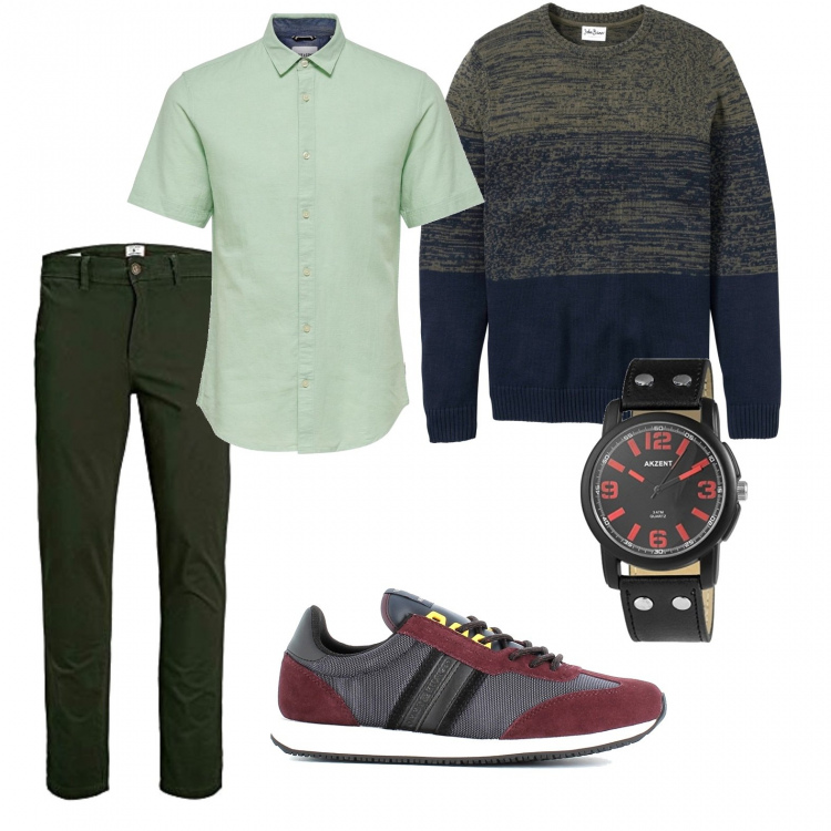 Outfit uomo - Casual. Stile Casual per Tutti i giorni. Abbinamento con maglieria, camicie a manica corta, sneakers, pantaloni chino, orologi.