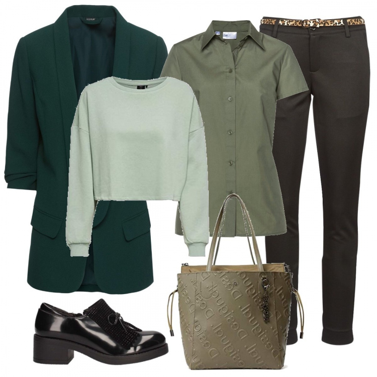 Outfit donna - Il maglioncino color menta. Stile Basic per Ufficio. Abbinamento con blazer, camicie a manica corta, mocassini, pantaloni, pullovers, shopping bag.