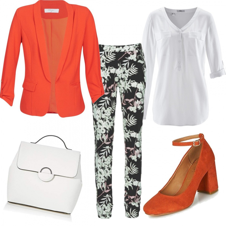 Outfit donna - Orange spring. Stile Basic per Ufficio. Abbinamento con bluse, pantaloni, blazer, décolleté, borse a mano.
