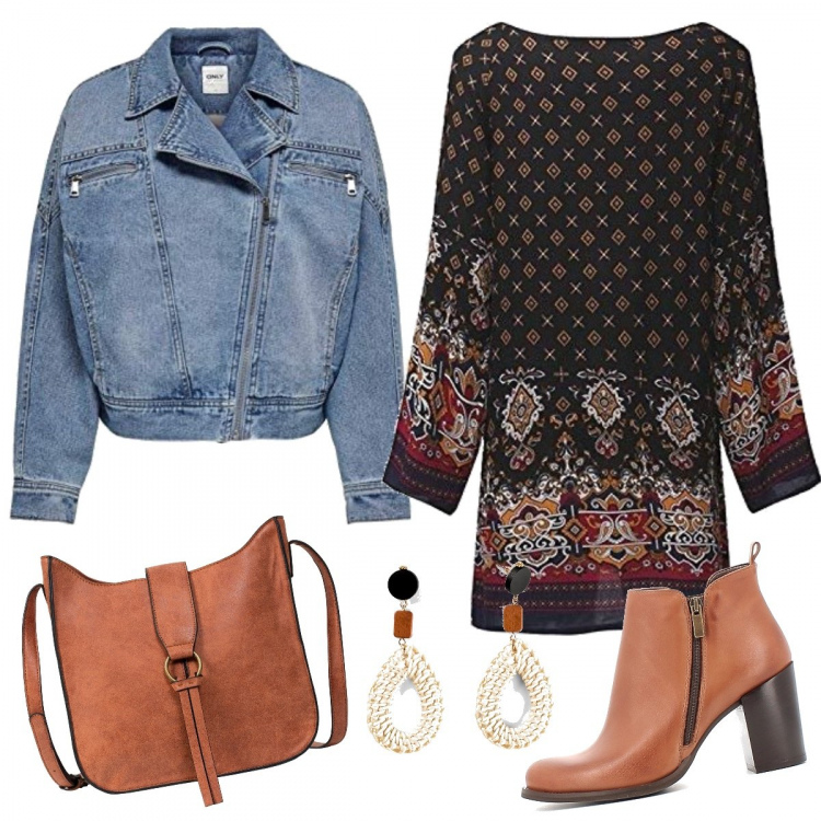 Outfit donna - Una Domenica pomeriggio. Stile Etnico per Tutti i giorni. Abbinamento con borse a tracolla, orecchini, stivaletti, vestiti corti, blazer.