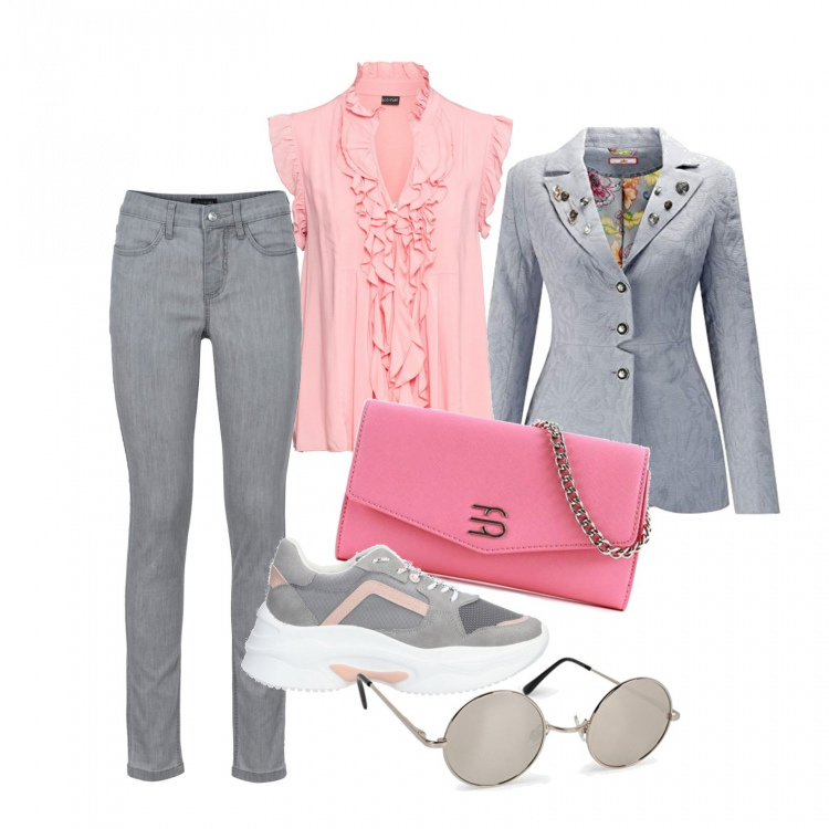 Outfit donna - In ufficio con le sneakers. Stile Trendy per Ufficio. Abbinamento con jeans skinny, maglieria, sneakers, blazer, occhiali da sole, borse a spalla.