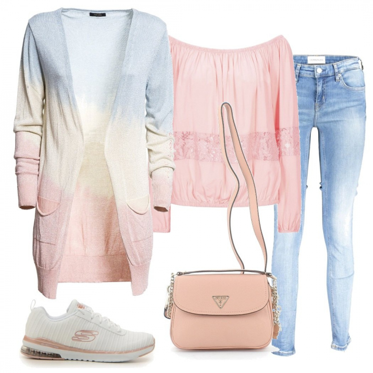 Outfit donna - Sfumature pastello. Stile Urban per Tutti i giorni. Abbinamento con cardigans, borse a tracolla, bluse, sneakers, jeans.