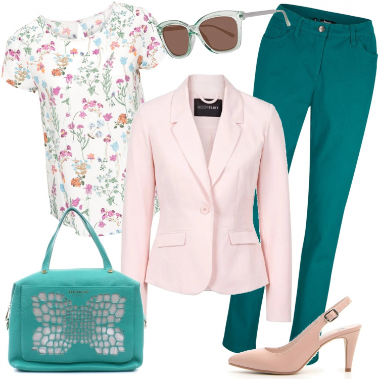 Outfit donna - Questione di feeling. Stile Trendy per Tutti i giorni. Abbinamento con blazer, bluse, pantaloni, borse a mano, décolleté, occhiali da sole.