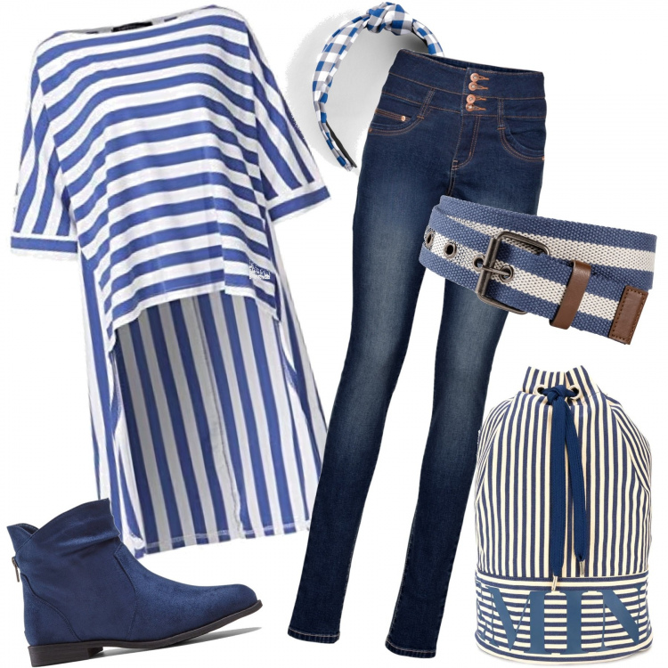Outfit donna - Metto tutti in riga. Stile Trendy per Tutti i giorni. Abbinamento con jeans, stivaletti, cinture, cerchietti, zaini, vestiti asimmetrici.