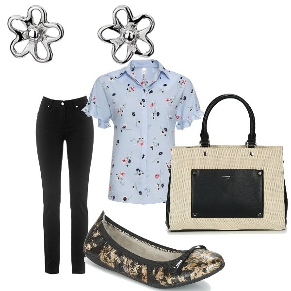 Outfit donna - Ufficio style. Stile Bon Ton per Ufficio. Abbinamento con jeans dritti, camicetta con volant fantasia in denim blu, ballerine nero, borsetta nero.