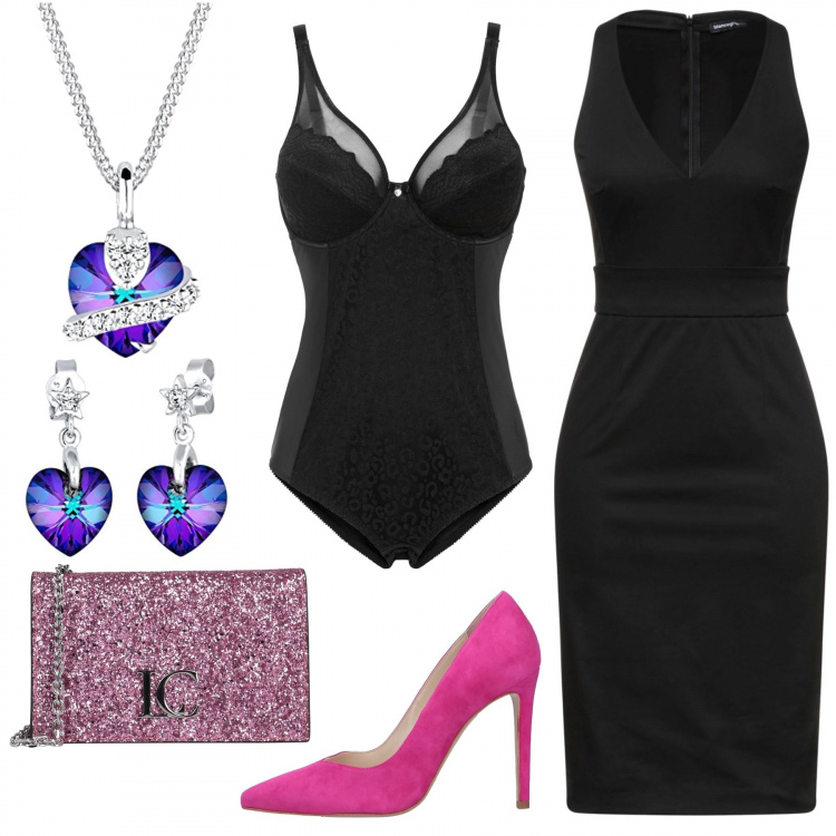 Outfit donna - Glamour. Stile Chic per Serata fuori. Abbinamento con body, vestiti midi/longuette, décolleté, borse a mano, orecchini, ciondoli.