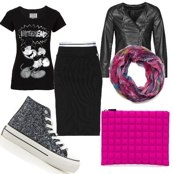 Outfit donna - Pronta per il weekend. Stile Urban per Tutti i giorni. Abbinamento con t-shirt, gonne longuette, blazer, clutch, sneakers alte, foulard.