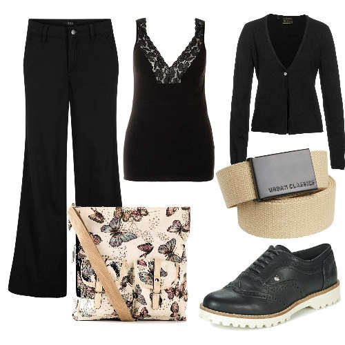 Outfit donna - Il nero e le farfalle. Stile Urban per Tutti i giorni. Abbinamento con borse a tracolla, cardigans, pantaloni a palazzo, scarpe stringate, canottiere, cinture.