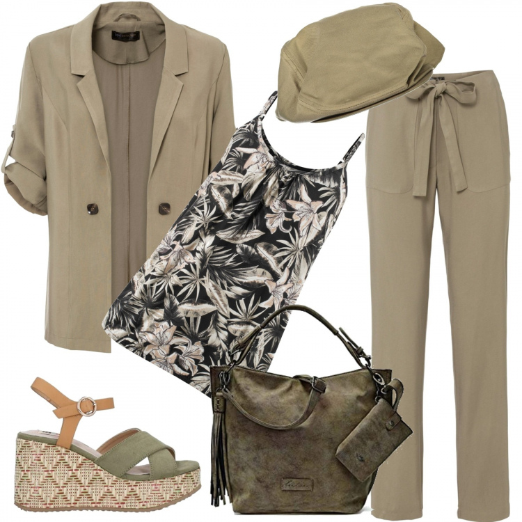 Outfit donna - Stile verde, come la natura selvaggia. Stile Trendy per Tutti i giorni. Abbinamento con top, pantaloni, blazer, sandali col tacco, cappelli, borse a tracolla.
