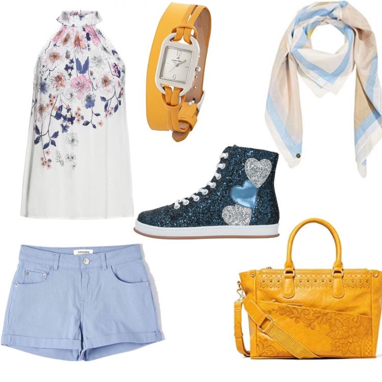 Outfit donna - Accordo in azzurro e giallo. Stile Trendy per Tutti i giorni. Abbinamento con top, sneakers, pantaloni corti, borse a mano, orologi analogici, sciarpe.