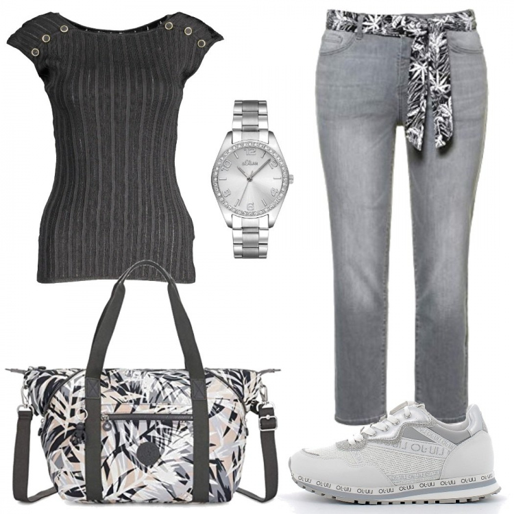 Outfit donna - Tutto grigio. Stile Urban per Tutti i giorni. Abbinamento con sneakers, canottiere, jeans, orologi, borse a tracolla.