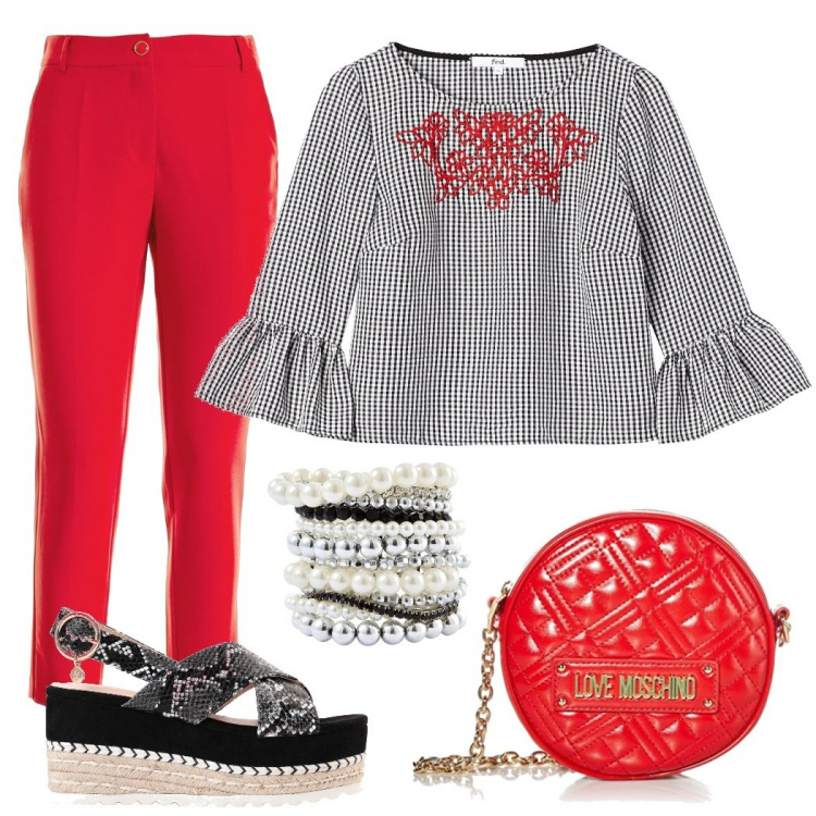 Outfit donna - La borsa tonda. Stile Trendy per Tutti i giorni. Abbinamento con pantaloni chino, sandali col tacco, camicie, borse a spalla, braccialetti.