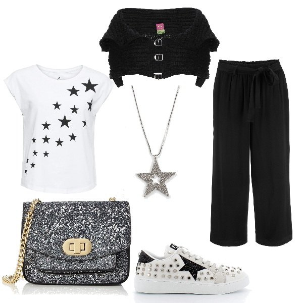 Outfit donna - Sparkling stars. Stile Rock per Serata fuori. Abbinamento con pantaloni culotte, t-shirt, ciondoli, bolero, sneakers, borse a tracolla.