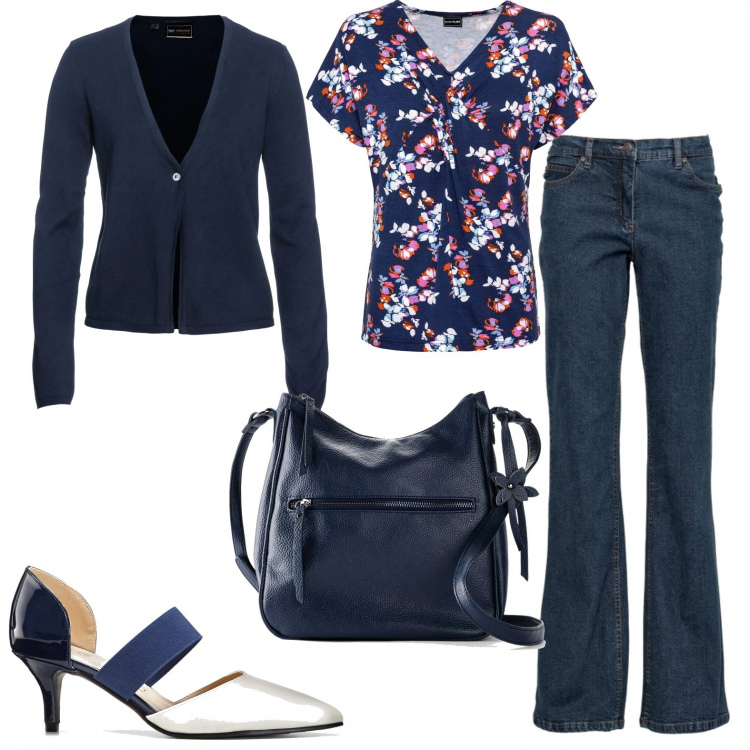 Outfit donna - Jeans e tacco. Stile Trendy per Ufficio. Abbinamento con cardigans, jeans bootcut, décolleté, pullovers, borse a tracolla.