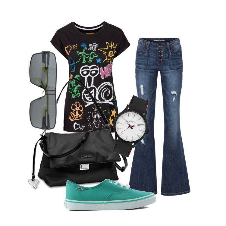 Outfit donna - Happy ..... Stile Urban per Tutti i giorni. Abbinamento con t-shirt, jeans bootcut, sneakers, orologi analogici, borse a mano, occhiali da sole.