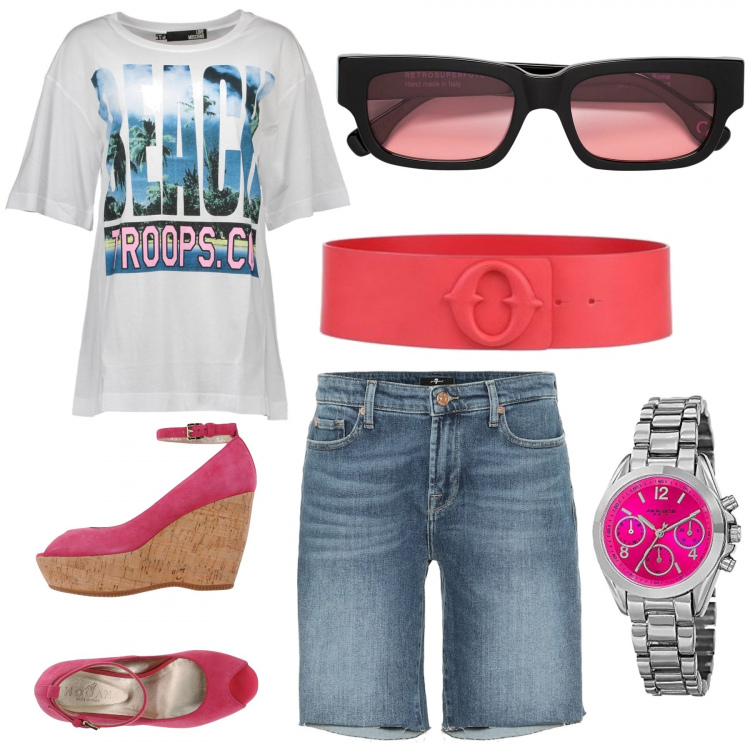 Outfit donna - Vacanze al mare!. Stile Trendy per Tutti i giorni. Abbinamento con décolleté, cinture, orologi, occhiali da sole, t-shirt, shorts.