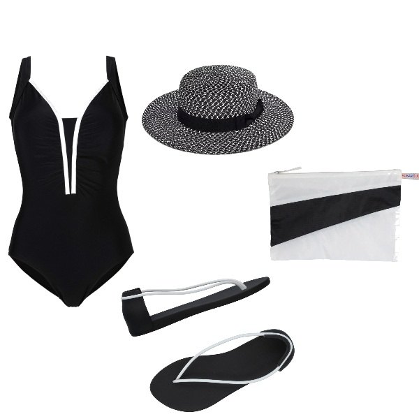 Outfit donna - Beach. Stile Bon Ton per Mare. Abbinamento con costumi interi, pochette fantasia con zip in tessuto tecnico, cappello con fiocco bianco e nero.