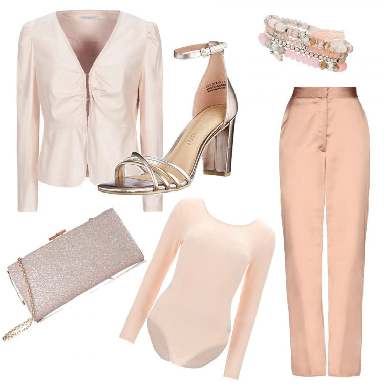 Outfit donna - Serata glam. Stile Chic per Serata fuori. Abbinamento con braccialetti, pantaloni, blazer, body, sandali col tacco, pochette.