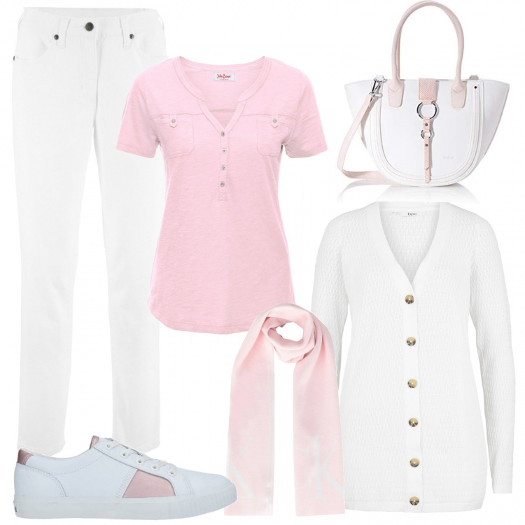 Outfit donna - Borsa e sneakers bicolore. Stile Trendy per Ufficio. Abbinamento con sneakers, sciarpe, pantaloni, t-shirt, cardigans, borse a tracolla.